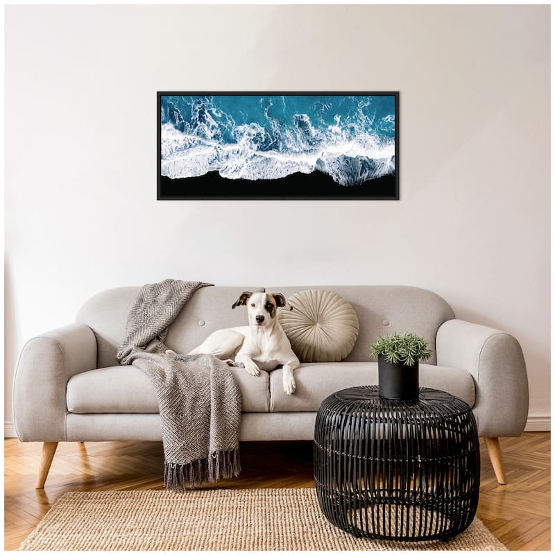 Kate and Laurel Sylvie Minimalist Ocean Waves on the Black Beach in Iceland Framed Canvas by Michael Schauer