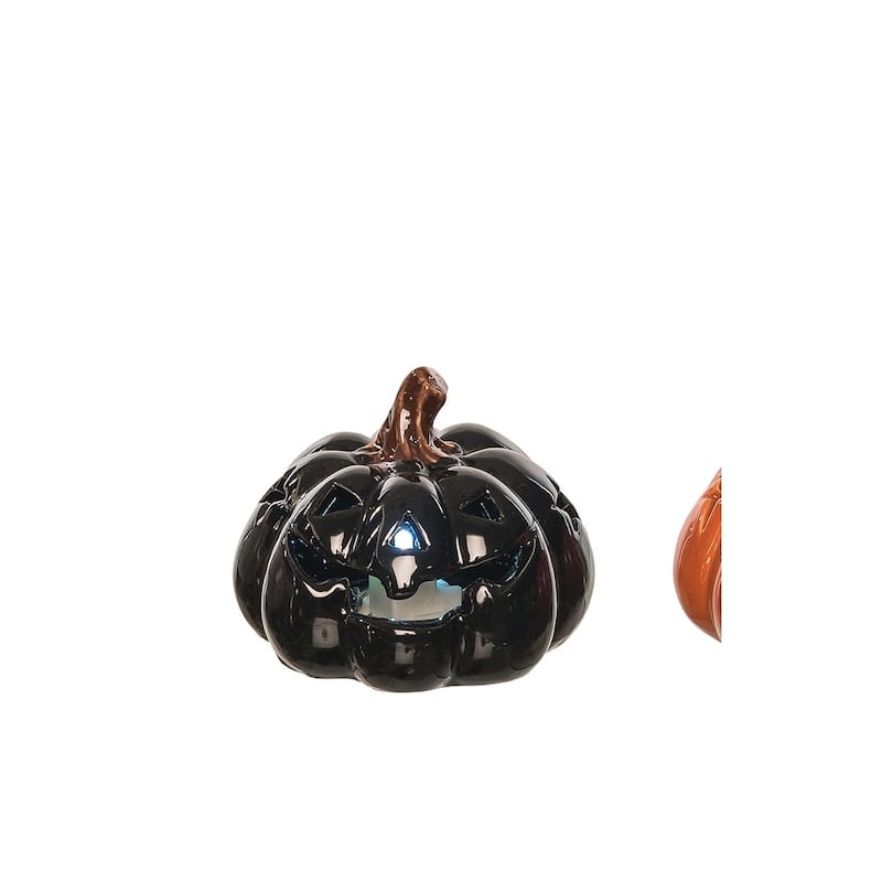 3.27" x 3.94" Orange White Black Stoneware Pumpkin 3-Piece Light Up Jack O' Lantern Halloween Figurines