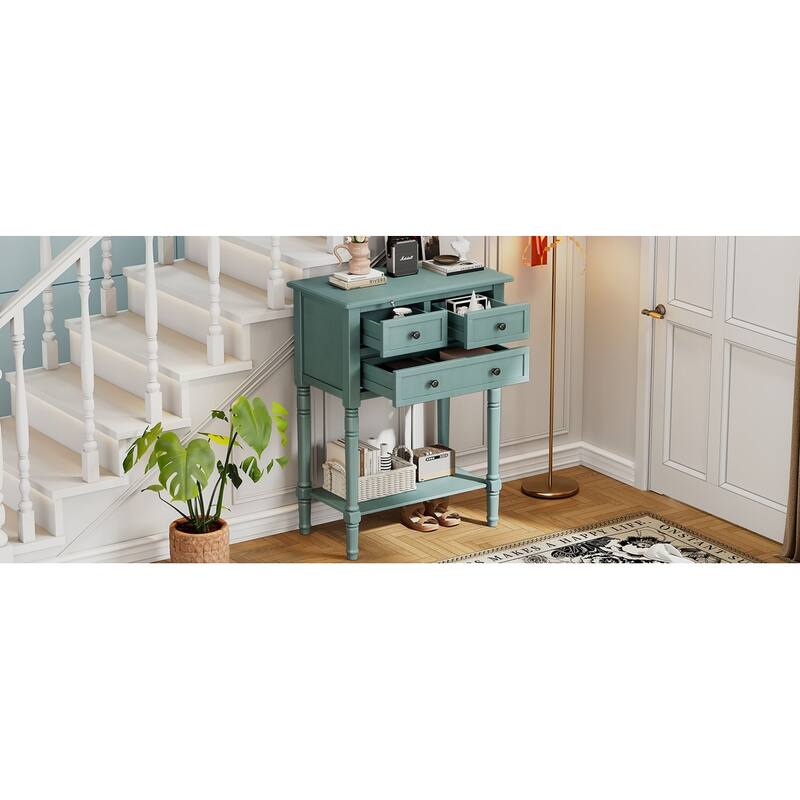 With three storage drawers and shelf console