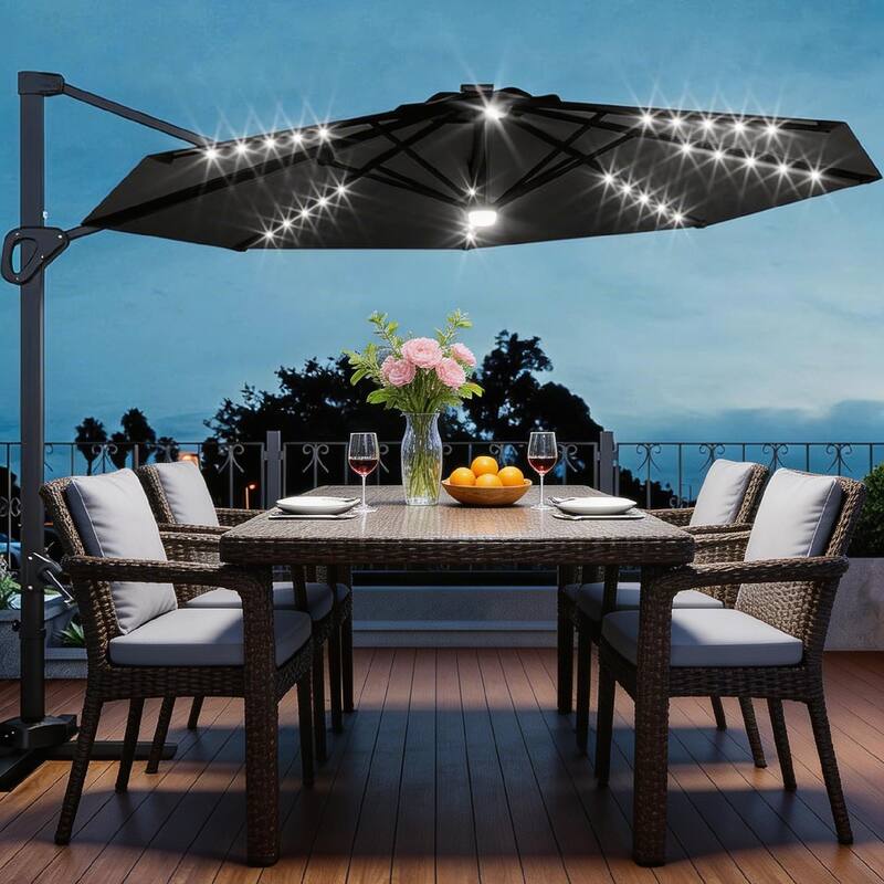 10FT Outdoor Cantilever Umbrella, 360-Degree Rotation, with LED - Grey