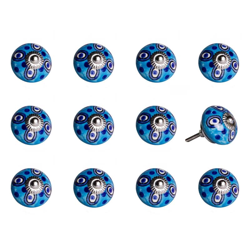HomeRoots Set of Twelve Blue And White Botanical Ceramic Drawer Pull Knobs - 1.5" x 1.5" x 1.5"