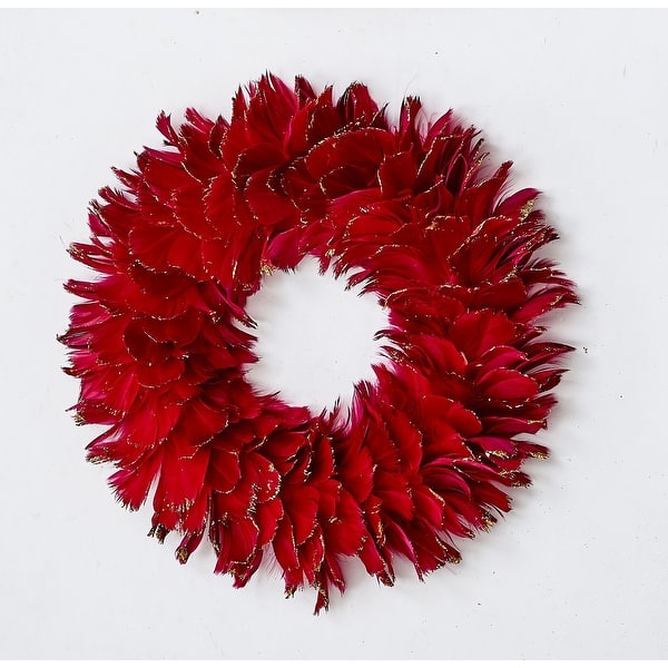 slide 2 of 2, 12" Red Feather Christmas Wreath With Gold Glitter Edging On Flat Foam Base