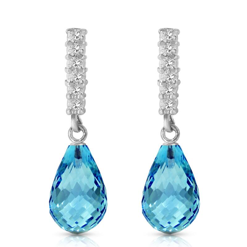 14K Solid Gold Diamond & Blue Topaz Genuine Gemstone Earrings