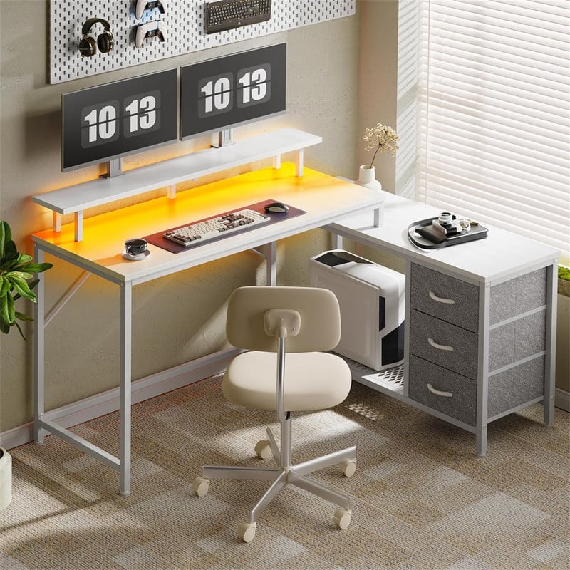 Reversible L Shaped Computer Desk - 19.7"D x 49.6"W x 30"H - White