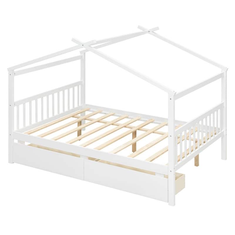 Full Size Wooden House Bed with Drawers