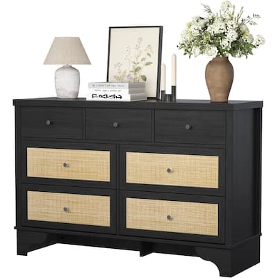 Dresser for Bedroom with 7 Drawers, Wide Chest of Drawers with Rattan Fronts and Sturdy Base for Entryway or Hallway