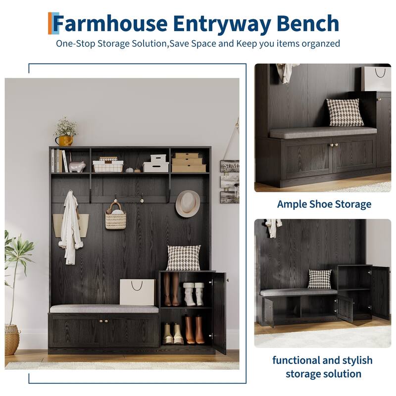 78.7 Inch Tall Hall Tree with Bench and Shoe Storage,Modern Entryway Bench with Coat Rack,4 Hanging Hooks