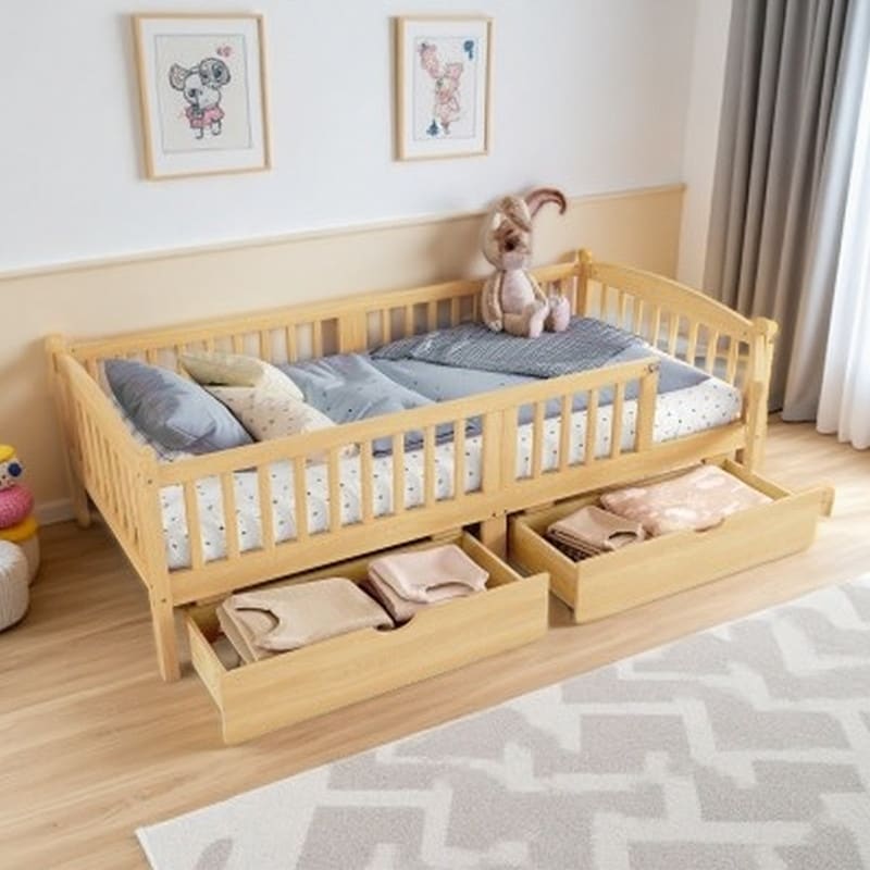 Twin XL Kids Platform Bed Frame with Full-Length Safety Guardrails, Storage Drawers