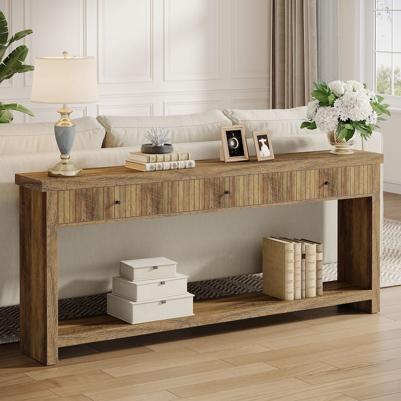 Industrial Wood Console Sofa Table with 3 Drawers for Entryway - Dark Brown