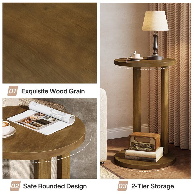 Round End Table, Farmhouse 2-Tier Side Table with Solid Wood Legs
