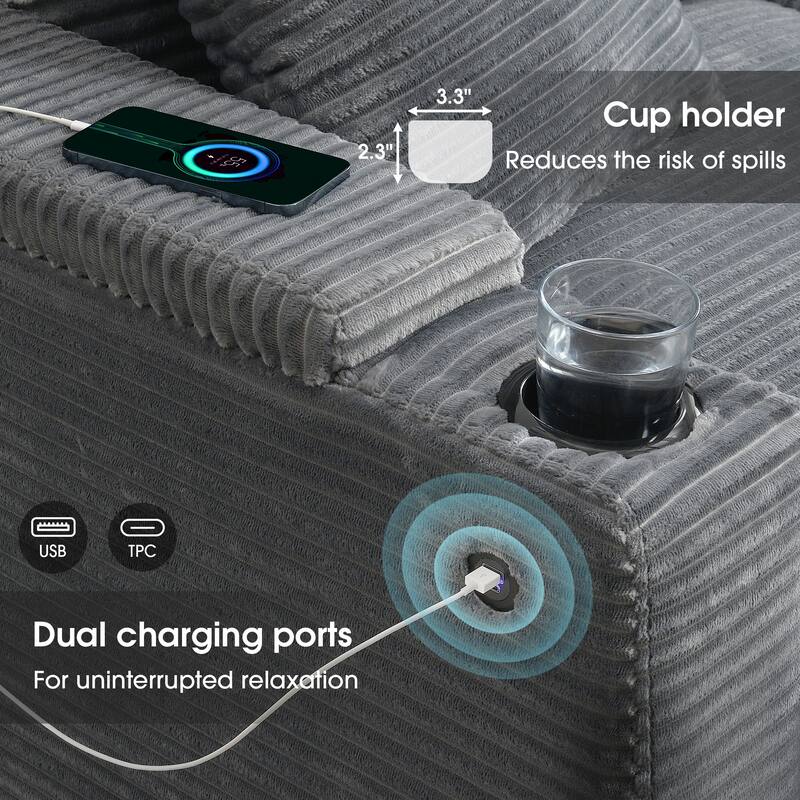 106" Convertible L-Shaped Modular Corduroy Sectional Sofa with Armrest Storage Cup Holders USB Charger Corner Couch