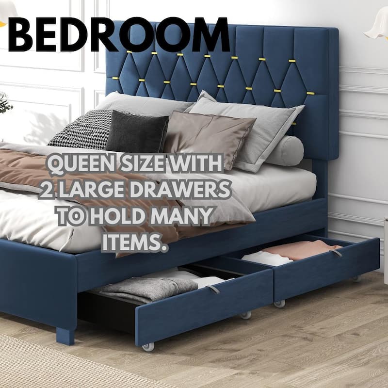 Modern Velvet Queen Bed with Twin Trundle and 2 Storage Drawers in Blue