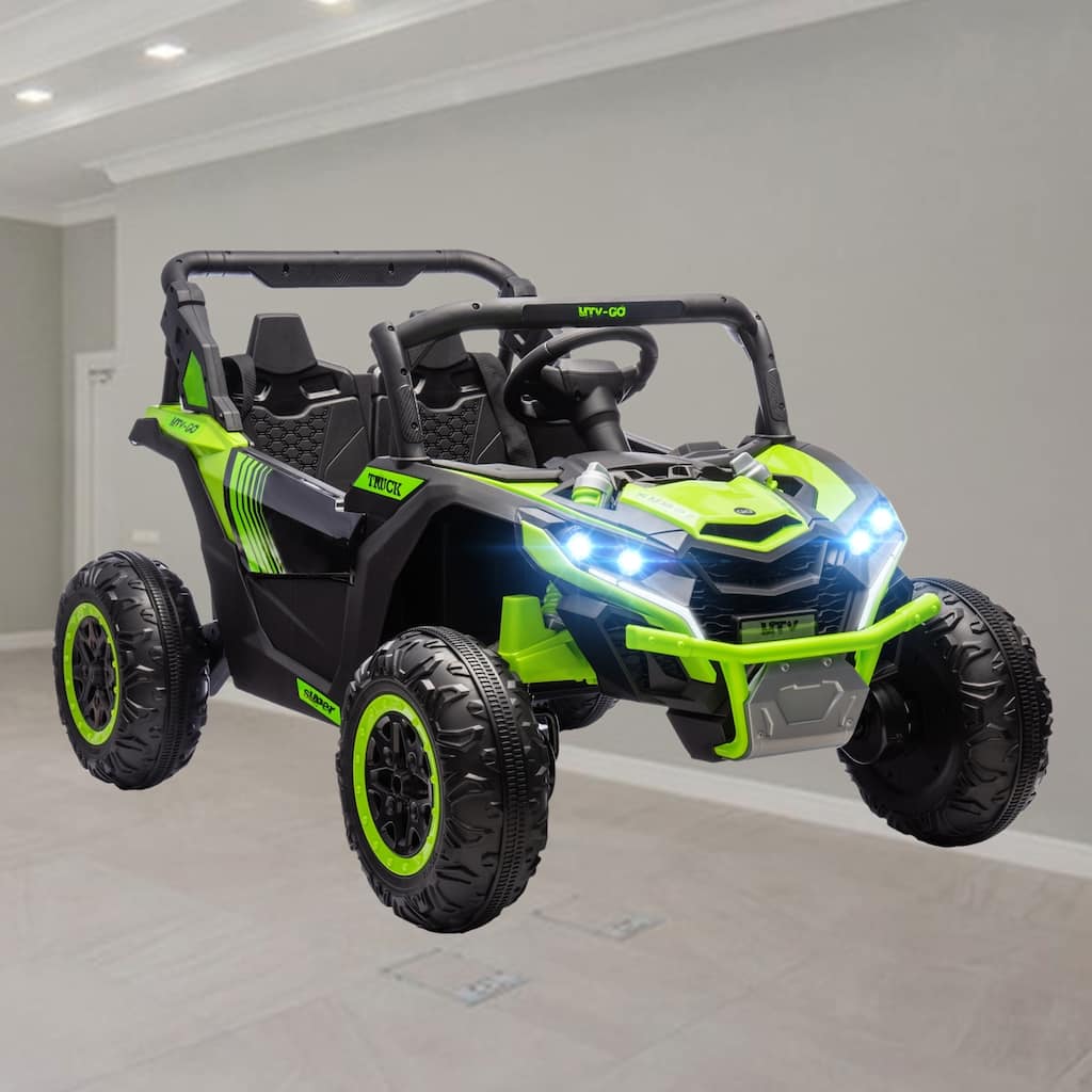 24V 7AH 2-Seater Kids Ride-On UTV, Electric Car with 4 Shock Absorbers, LED Lights, Music, and Horn for Ages 3-8聽