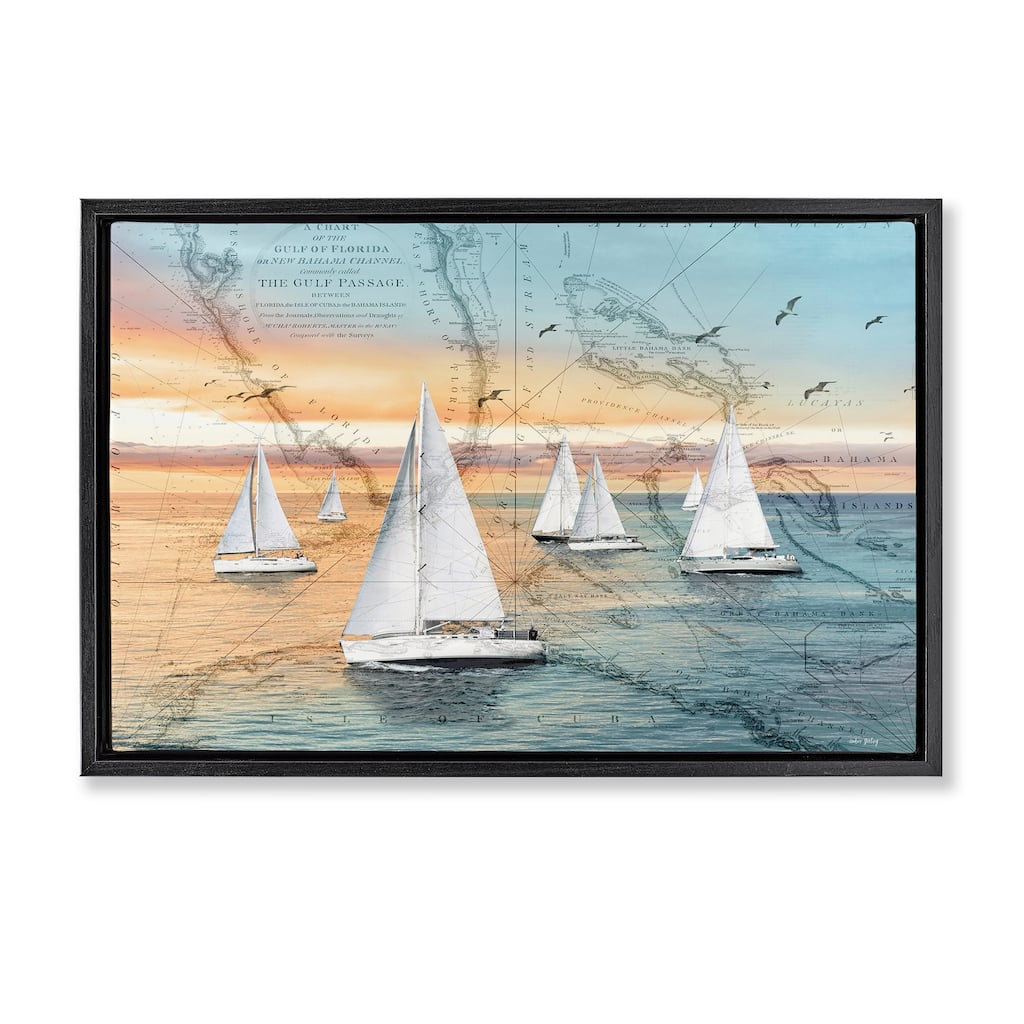 Stupell Nautical Ships & Vintage Map Framed Floater Canvas Wall Art Design By Amber Sterling