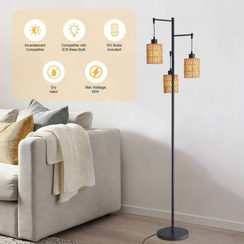 Sofucor 3-Lights Boho Rattan Floor Lights,Black Farmhouse Standing Lamp Wicker Rustic Tall Lamp,Rattan Woven LampShade Bohemian