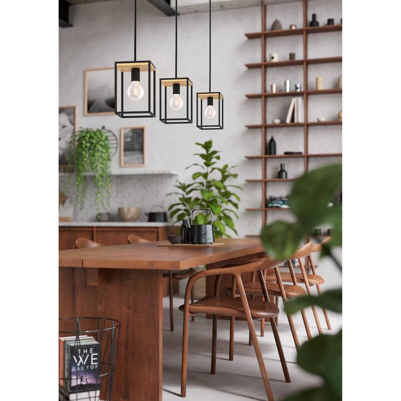 Libertad - 3-Light Linear Pendant - Structured Black and Wood Finish - Structured Black, Natural Wood