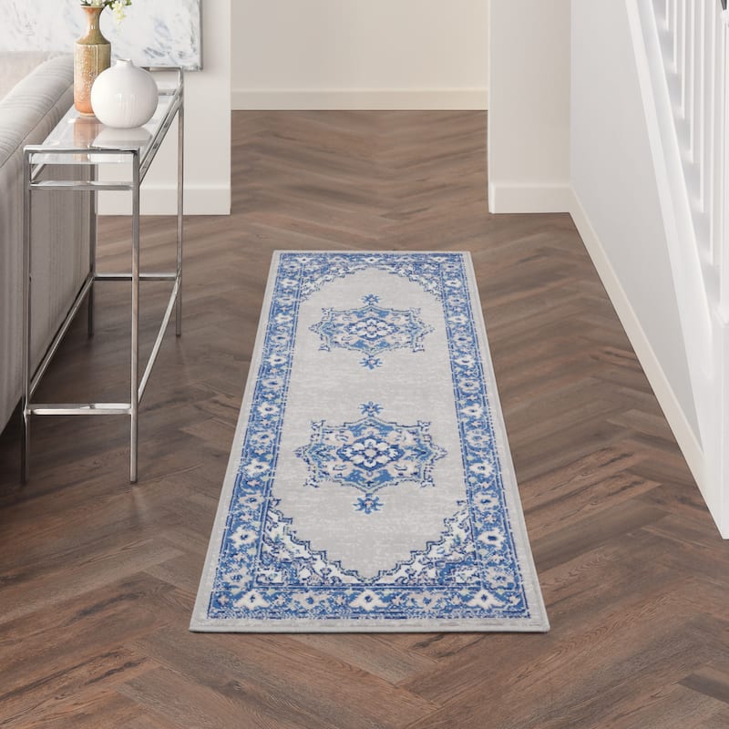 Nourison Whimsicle Modern Persian Floral Medallion Area Rug - 2' x 8' - Grey Blue - Runner