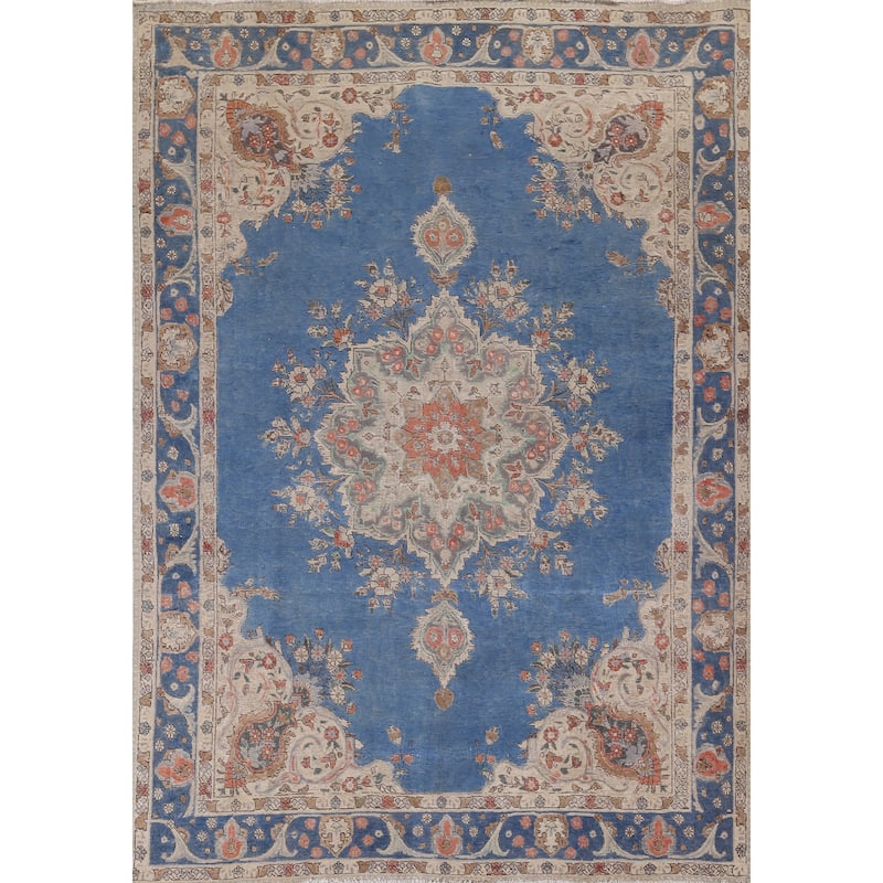 Tabriz Vintage Persian Rug Hand-Knotted Blue Wool Carpet - 8'4" x 11'3"