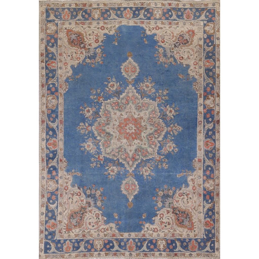 Tabriz Vintage Persian Rug Hand-Knotted Blue Wool Carpet - 8'4" x 11'3"