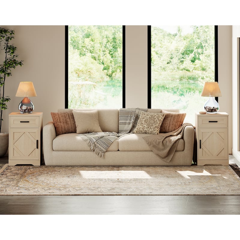 WAMPAT 2 Pack End Table with 1 Drawer & Door for Living Room - Beige