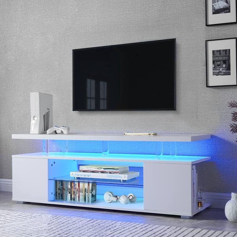 Modern LED TV Stand, Gaming Entertainment Center Media, for 70 Inch TV Table with Large Side Cabinet, for Living Room, White