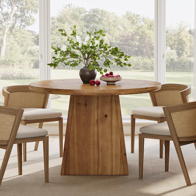 Solid Wood Round Dining Table for 4, Small Circle Kitchen Table with Sturdy Pedestal Base