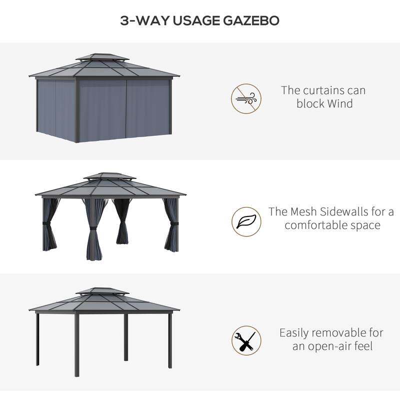 Outsunny 10x12 Hardtop Gazebo with Aluminum Frame, Polycarbonate Gazebo Canopy with Curtains, Netting