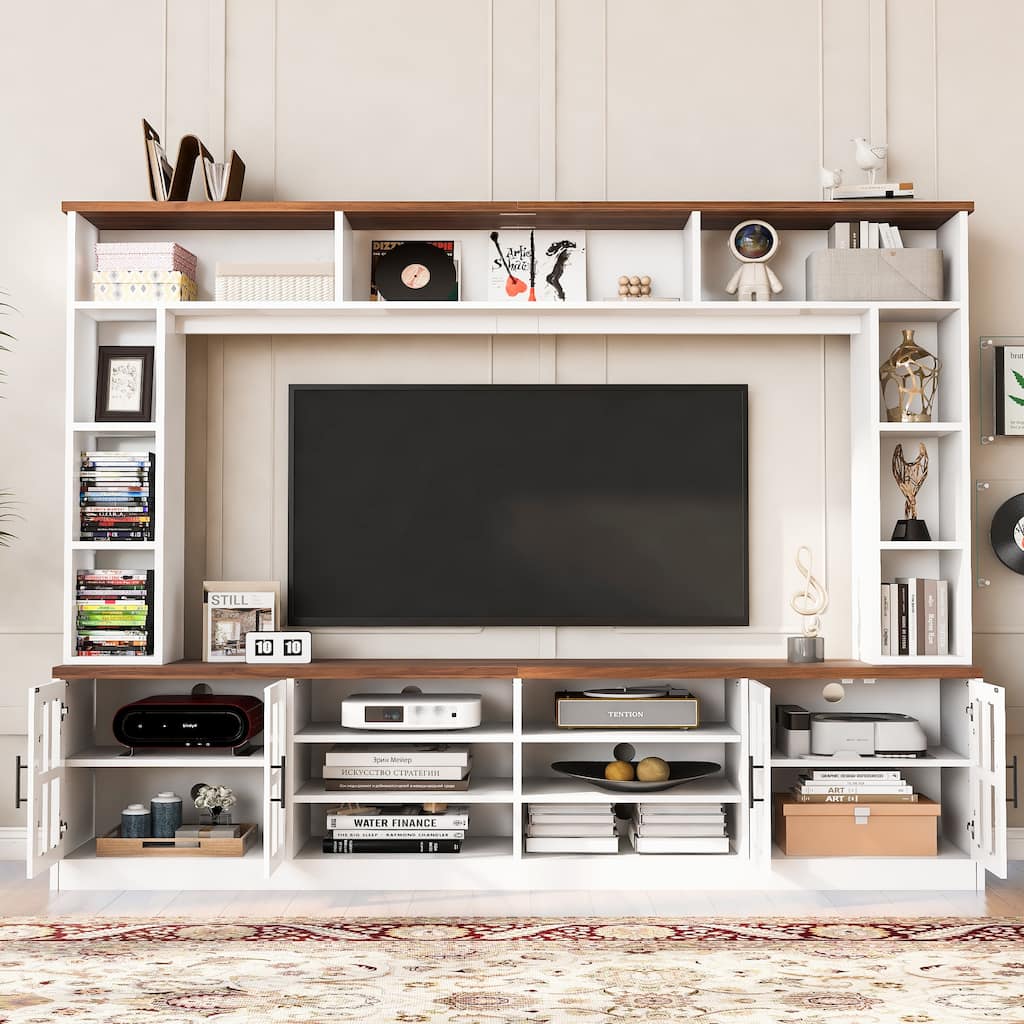 95.5" Entertainment Center for TVs up to 80", Media Console with Tempered Glass Doors & Bookshelves