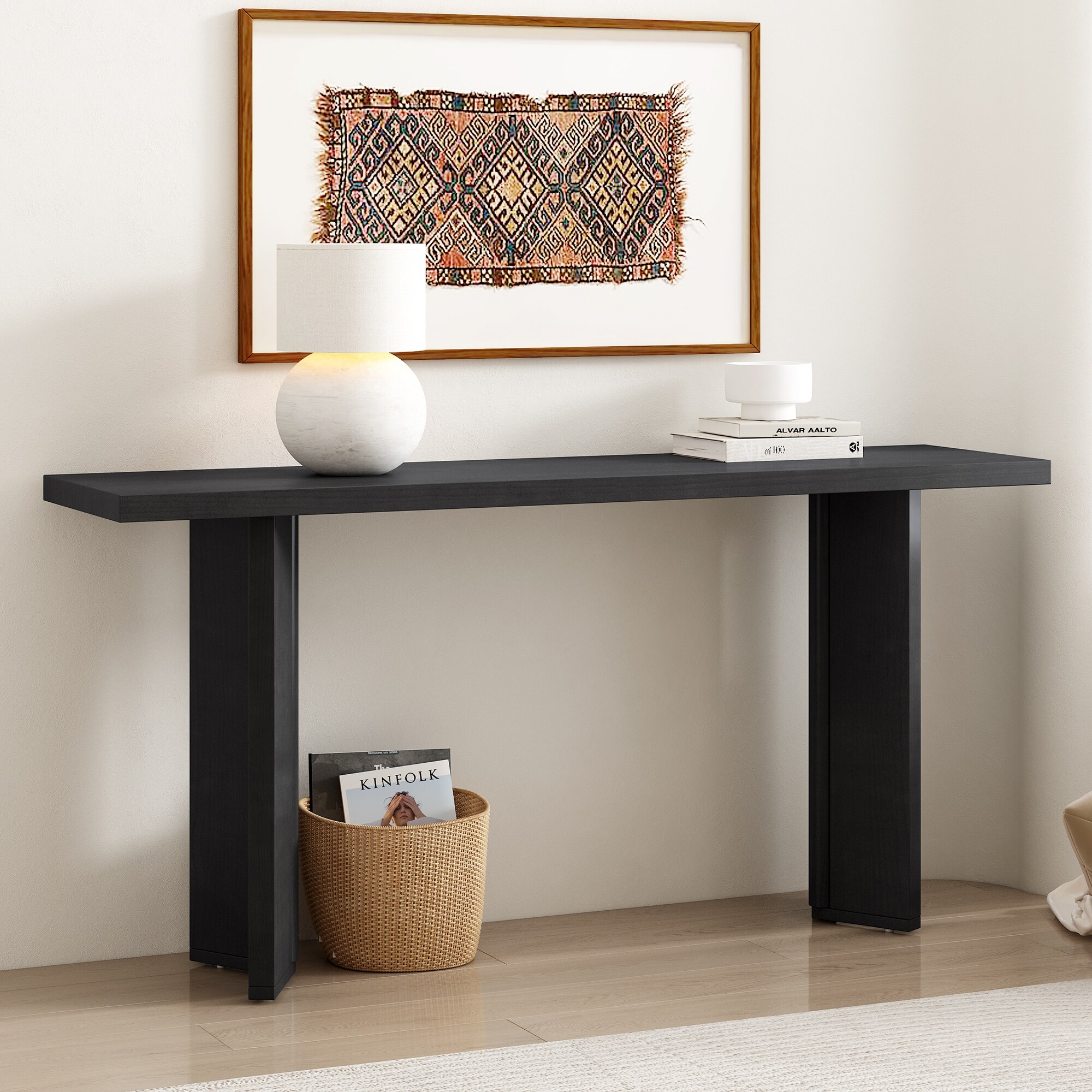 Roomfitters Modern Entryway Console Table, Rectangular Pine Veneer Sofa Table with Geometric Legs
