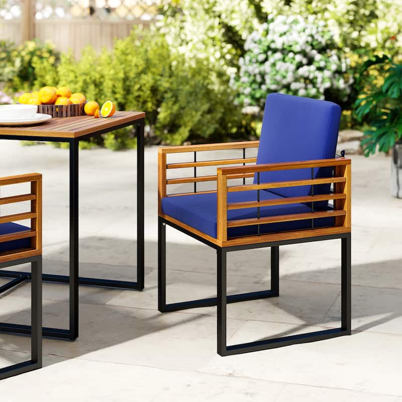 2-Piece Outdoor Solid Wood Dining Chairs with Navy Seat and Metal Frame Included Cushions - 21” x 23” x 25.5” (L x W x H)