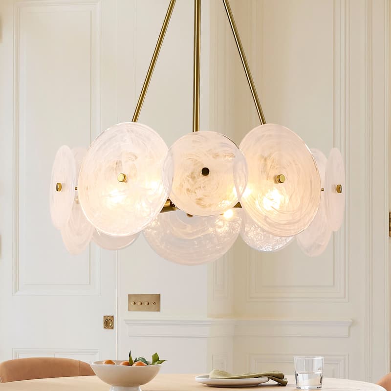 6-Light 20.1" W Modern Luxury Gold Round Chandelier with White Strie Glass for Living Room,Bedroom