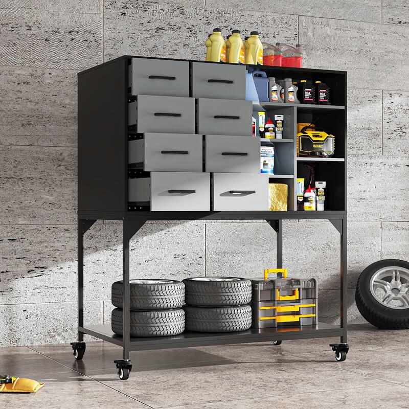 Industrial Metal Storage Cabinet with Pegboard, Adjustable Shelves and Wheels, Garage Tool Organizer with Soft-Close Doors