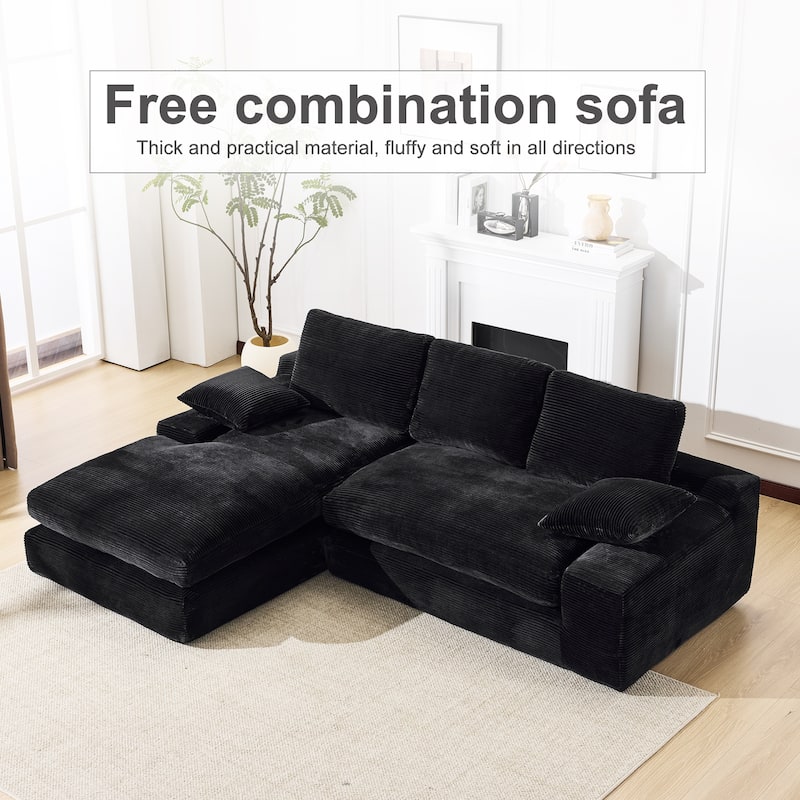 Modular Sectional Cloud Sofa with L-Shape Chaise, Corduroy Upholstered Sleeper Sofa, Compressed Sofa with Pillow - Black
