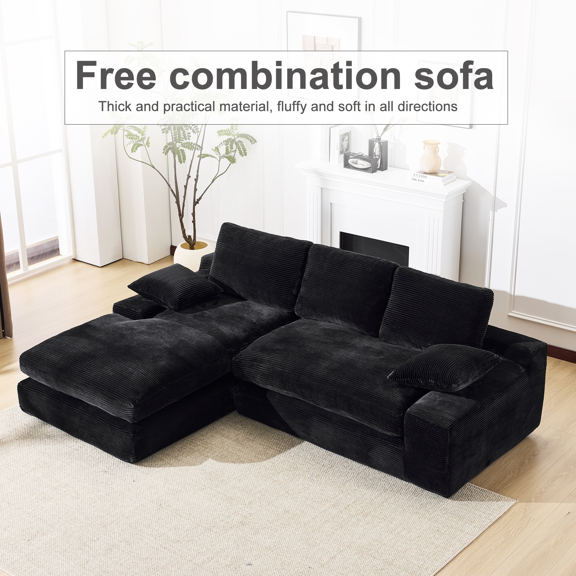 Modular Sectional Cloud Sofa with L-Shape Chaise, Corduroy Upholstered Sleeper Sofa, Compressed Sofa with Pillow