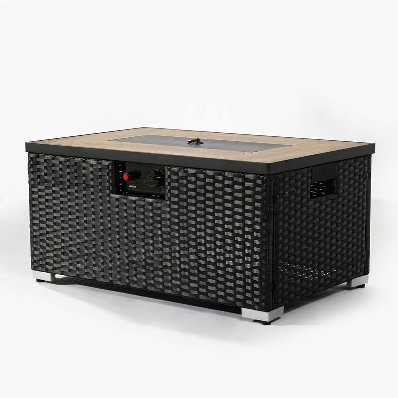 GDFStudio - Everly Beige Rattan Propane Fire Pit Table with Hidden Tank Storage and Ceramic Tile Tabletop