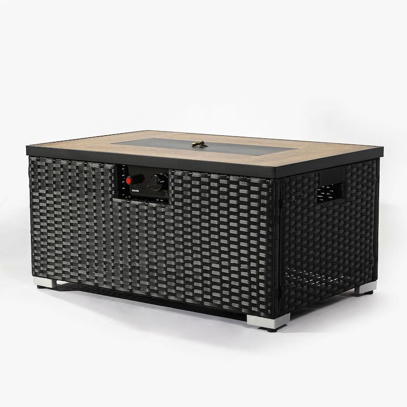 Outdoor Propane Fire Pit Table Set 40000 BTU Rattan Patio Heater with Lid and Tank Holder Ceramic Tile Top for Deck Backyard