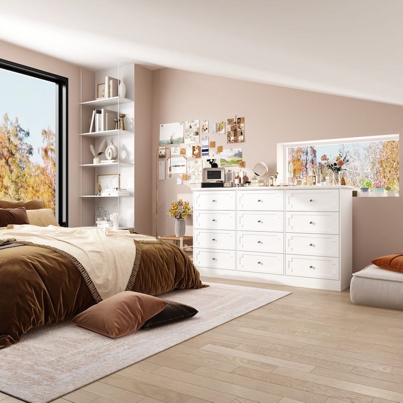 Modern 12-Drawer White Wooden Dresser for Bedroom and Living Room Storage