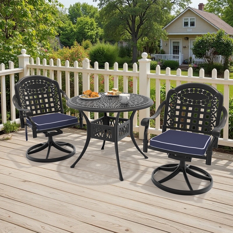 3-Piece Aluminum Round Outdoor Patio Dining Set, 2 Cushioned Swivel Chairs, Table, All-Weather Frames