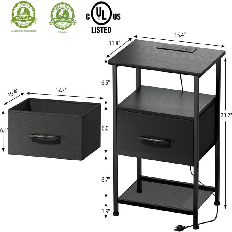 Nightstands Set of 2 with Charging Station and Drawer