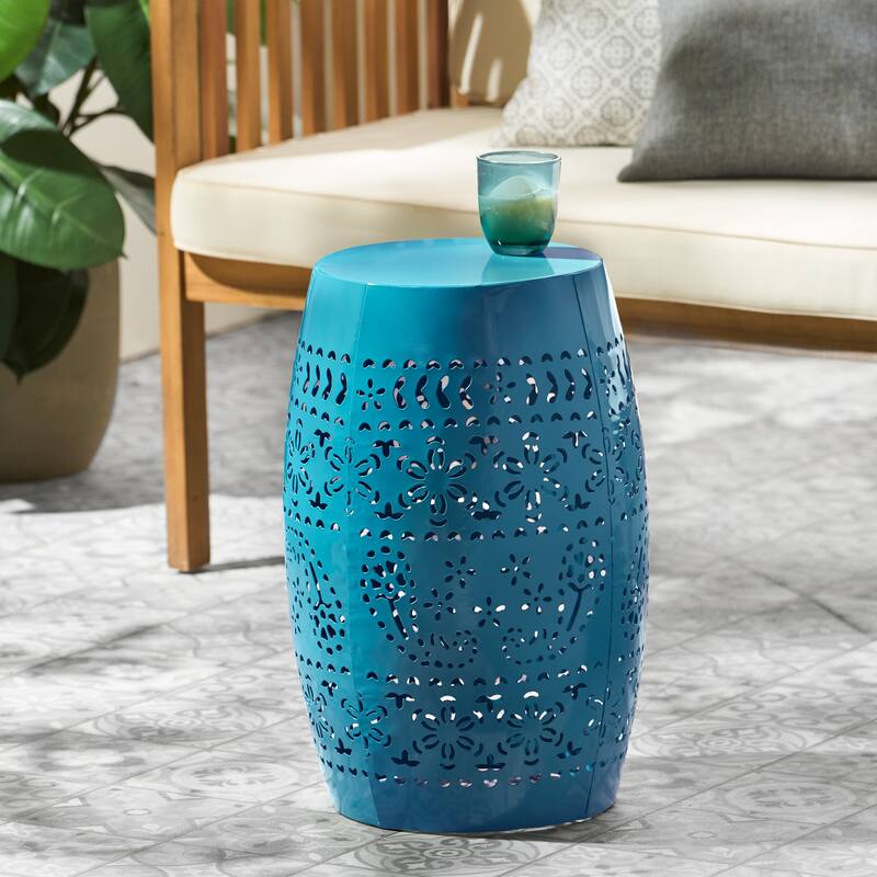 Side Table, Lace Cut Metal End Table for Outdoor & Indoor Use - Blue