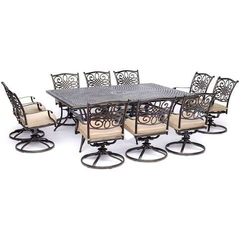 Hanover Traditions 11-Piece Dining Set in Tan with Ten Swivel Rockers and an Extra-Long Dining Table
