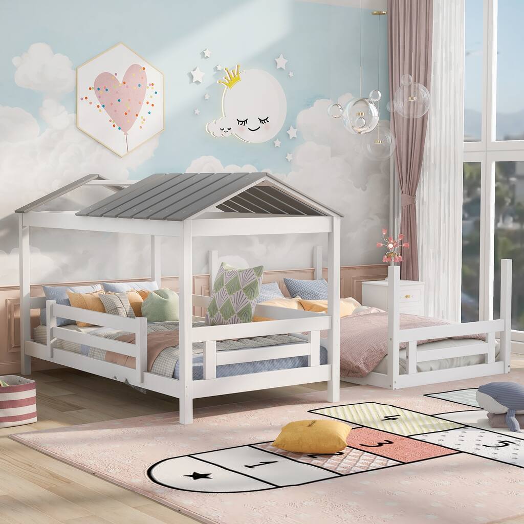 White Twin over Twin House Roof Bunk Bed with Convertible Ladder ...