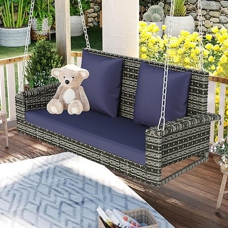 2-Person Hanging Seat, Wicker Hanging Porch Swing with Chains and Pillow, Upholstered Swing Bench for Garden, Backyard, Pond