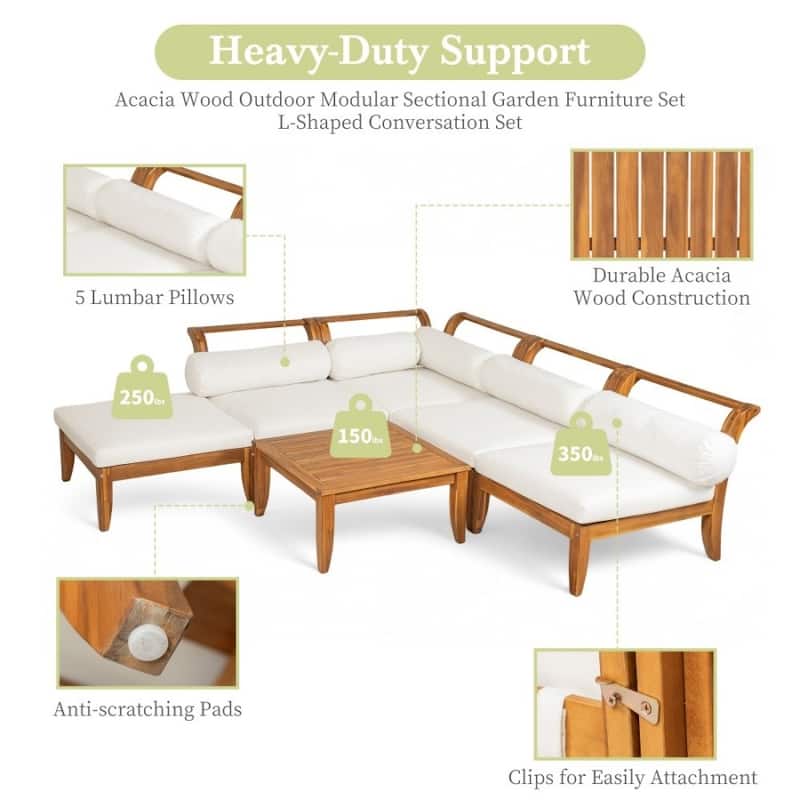 Patio 6-piece Acacia Modular Convertible Conversation Sofa Set with Ottoman and Pillows