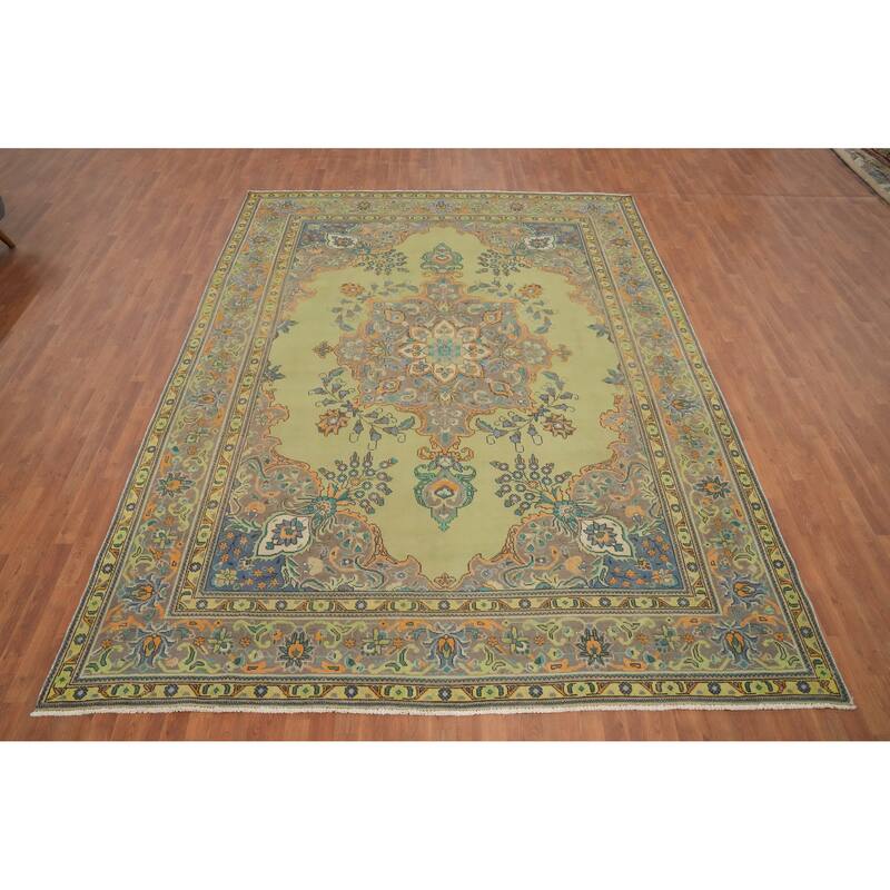 Hand Knotted Oriental 100% Wool Carpet Traditional Floral Green Tabriz Area Rug - 12' 4'' X 9' 5''