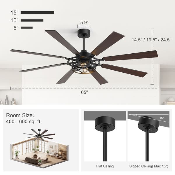 dimension image slide 1 of 3, 52/65 Inch Ceiling Fan with Light, Modern Matte Black 8-Blade Fan, Reversible Wood Grain Blades, DC Motor, Remote Control