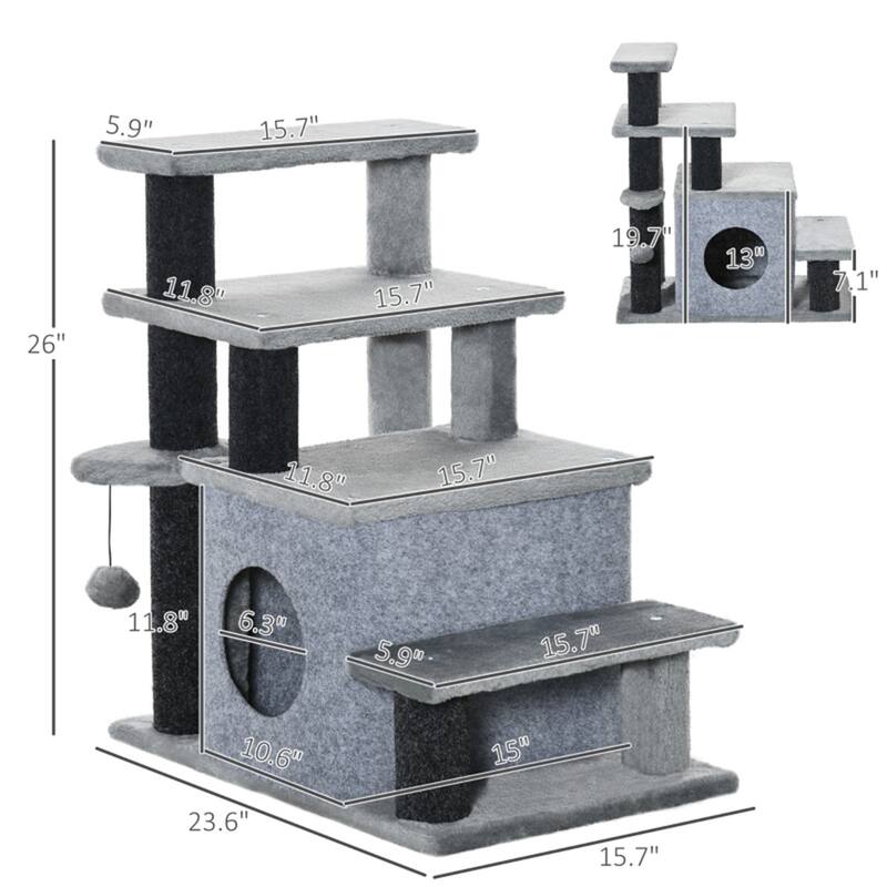 Adjustable Height Cat Tree with 3-4 Steps, Condo & Hanging Toy for Cats - 23.6" L x 15.7" W x 26" H