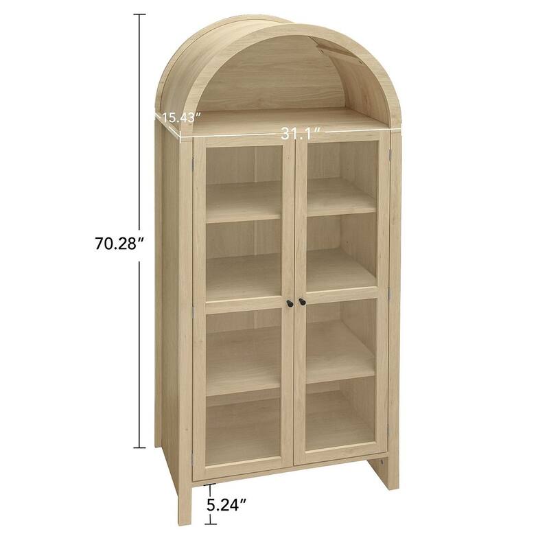 Farmhouse Wood Kitchen Pantry Cabinet, ,Arched Storage Display Cabinet with Glass Doors and Adjustable Shelves