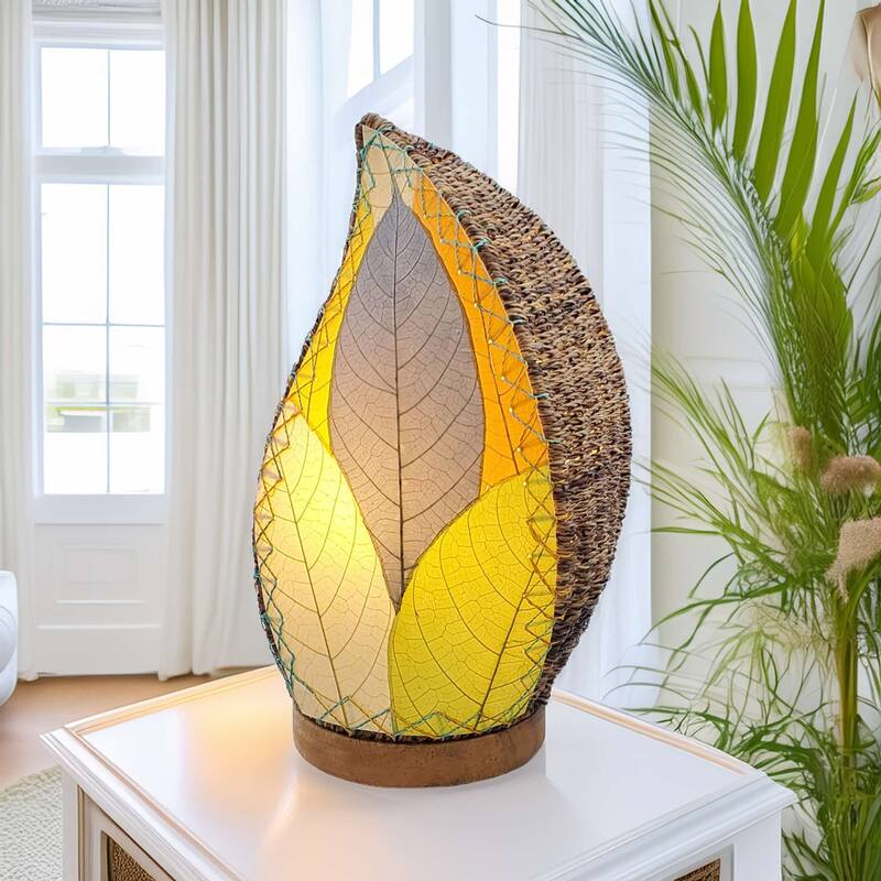 Eangee Handmade Leaflet Table Lamp, Cocoa Leaves Shade, 5 x 7 x 14 in. - 5 x 7 x 14