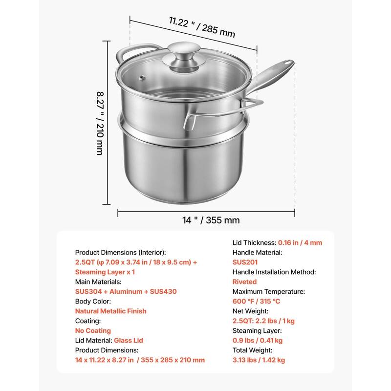 Silver 2-in-1 Aluminum Saucepan with Steamer Insert Oven Safe for Daily Use